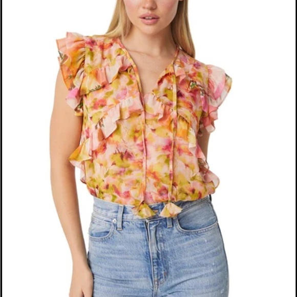 Misa Emi Top - Floral Ruffle Sleeve Top - Multicolor - Picture 3 of 10